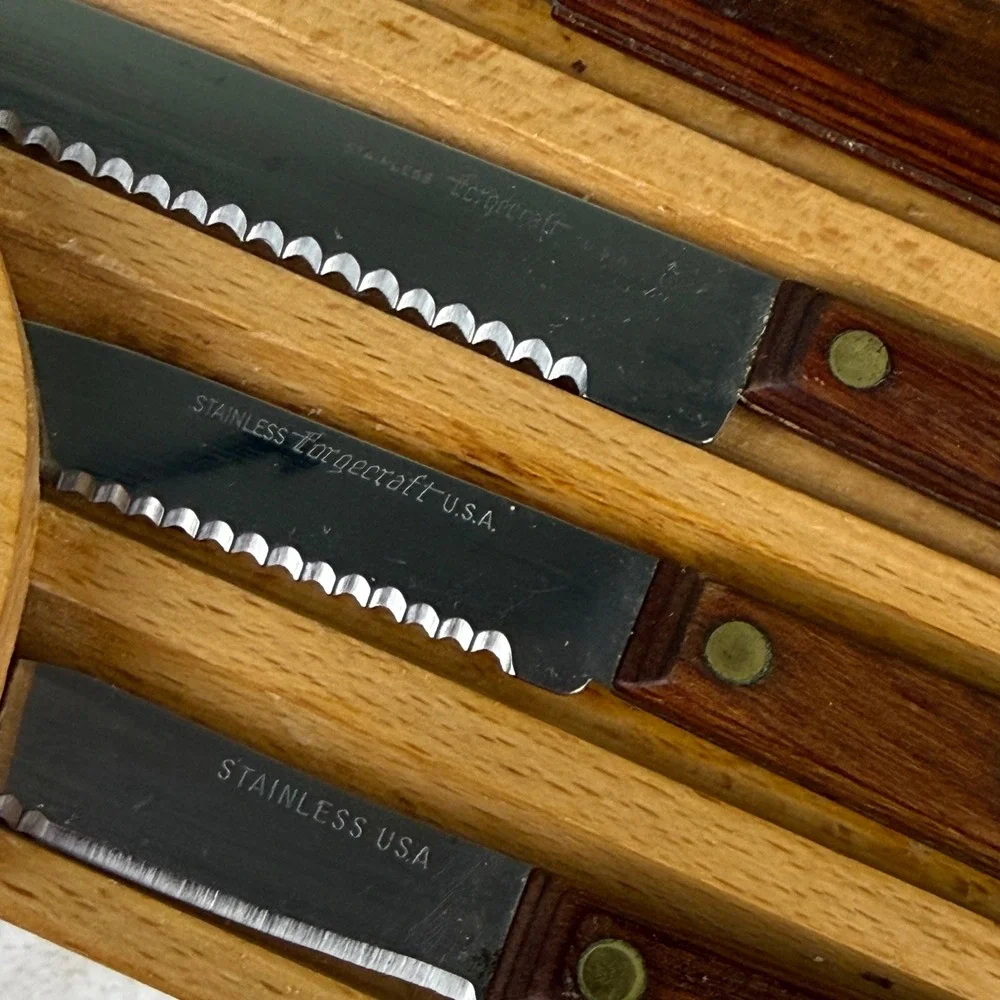 Forgecraft USA Vintage 6 Piece Cutlery Set Stainless Wood Handles Austria Block